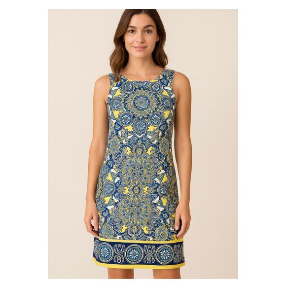 London Style Mandala Print Sleeveless Shift Dress Size 8 Yellow Blue Cotton - Picture 1 of 14